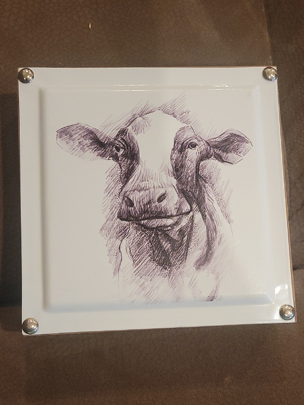 Cow Sketch Decorative Ceramic Tile - White with Black Illustration